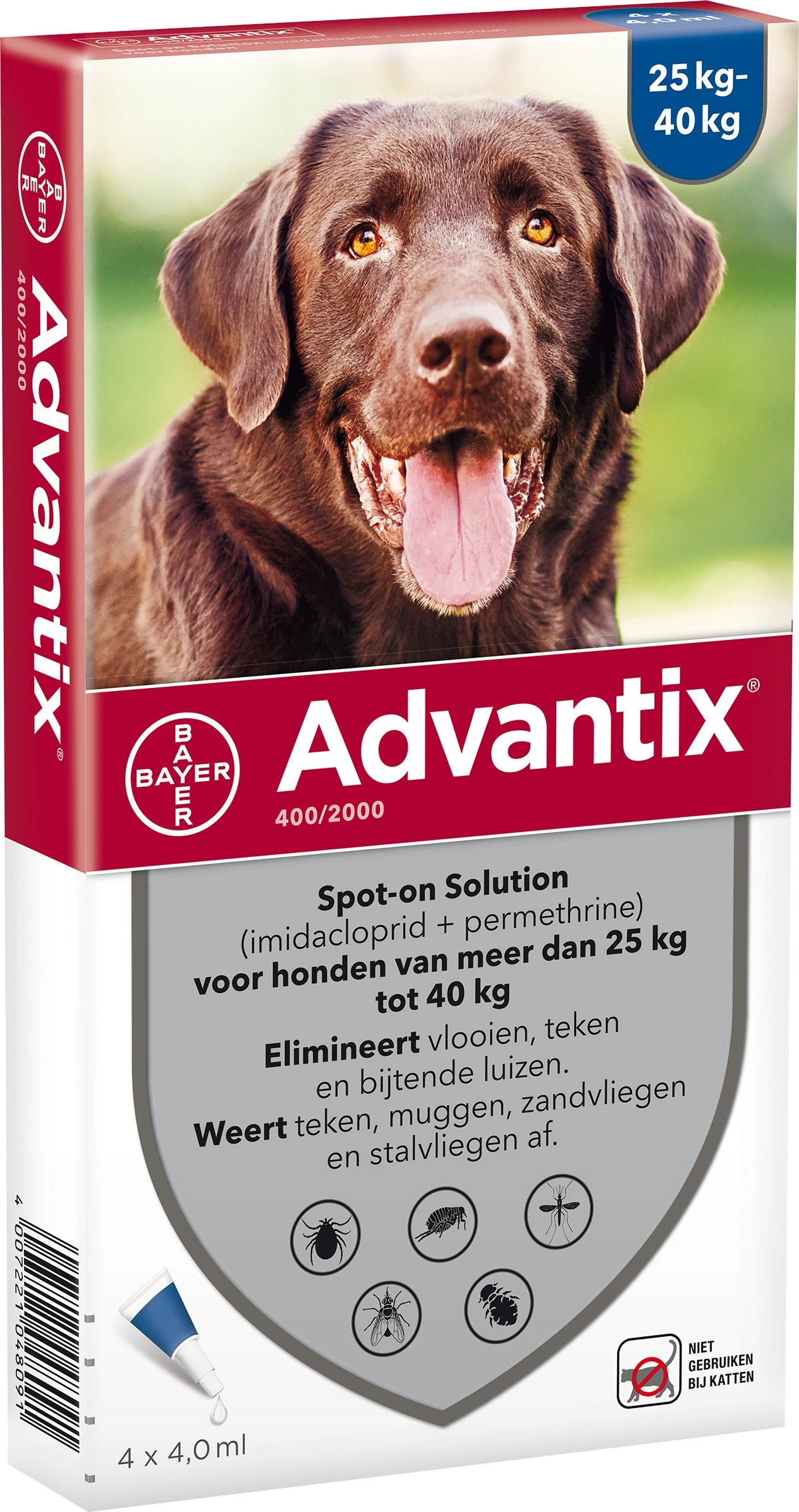 Advantix Spot-on 400 Anti Vlooien- En Tekenmiddel 4 Pipetten 25 - 40 Kg 1 Advantix Spot-on 400 Anti Vlooien- En Tekenmiddel 4 Pipetten 25 - 40 Kg